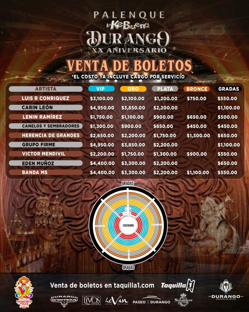 costo de boletos palenque durango 2026